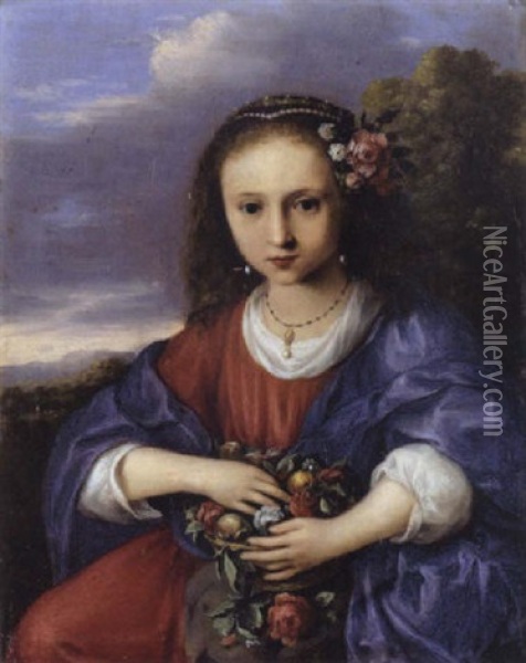 Portrait Of A Girl As Flora Oil Painting - Cornelis Van Poelenburgh