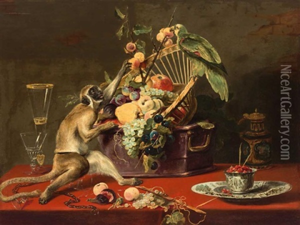Prachtiges Fruchtestilleben Auf Einem Geschmuckten Tisch Mit Naschendem Affchen Und Papagei Oil Painting - Frans Snijders