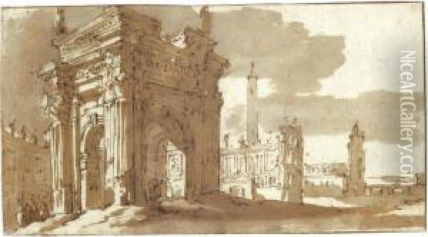 A Roman Fantasy With Ancient Buildings Including A Triumphal Arch Oil Painting - Jacob Van Der Ulft