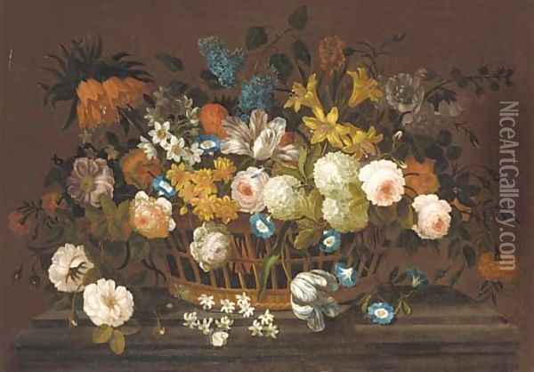 Lillies, tulips, roses, hydrangea, lilac, chrysanthemums, and other flowers in a basket, on a marble plinth Oil Painting - Pieter Casteels III