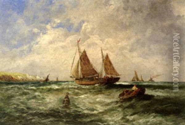 Fishing Boats Off A Coast Oil Painting - Edwin Hayes