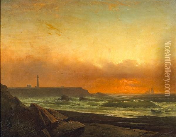 The Lighthouse At Point Arena With A Schooner Offshore Oil Painting - Gideon Jacques Denny