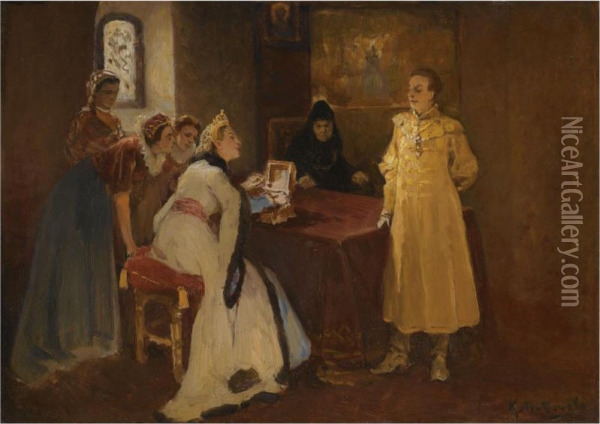 Xenia Godunova And The False Dmitri Oil Painting - Klavdiy Vasilievich Lebedev