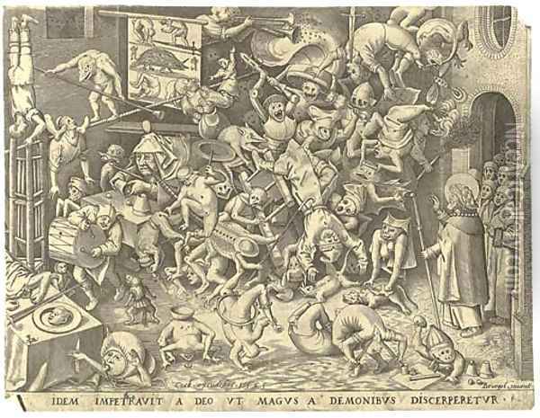 The Fall of the Magician Hermogenes, by P. van der Heyden Oil Painting - Pieter the Elder Bruegel