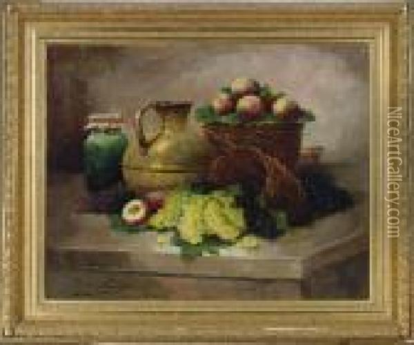 Still Life With Peaches And Grapes Oil Painting - Alphonse de Neuville