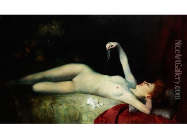Liegender Weiblicher Akt Mit Perlenkette Oil Painting - Julius von Schowingen