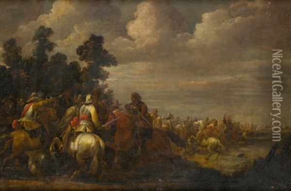 Par De Escenas De Batallas (2 Works) Oil Painting - Pieter Meulener