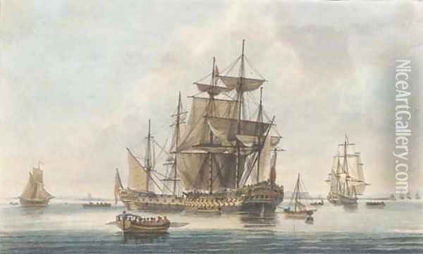 A calm at the entrance into Portsmouth, by J. Clark and J. Harribal Oil Painting - Dominic Serres