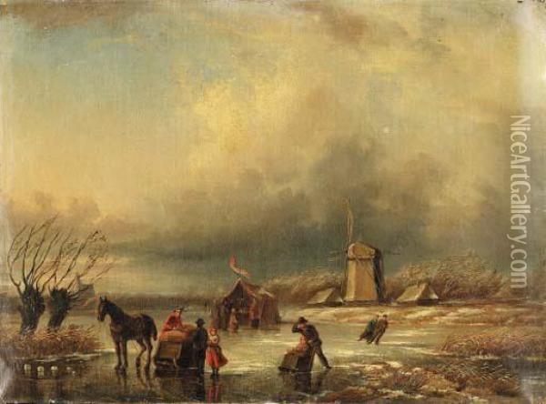Figures In A Frozen Landscape
Signed With Initials 'jjcs' (lower Right) Oil Painting - Jan Jacob Coenraad Spohler