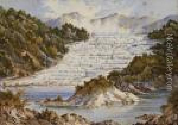 White Terraces With Bathers And Waka Oil Painting - Charles Decimus Barraud