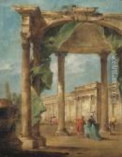 An Architectural Capriccio With An Arch And Awning Oil Painting - Francesco Guardi