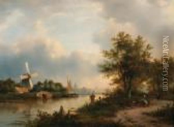 A River Landscape In Autumn With Villagers On A Path Along Thewater, A Town Beyond Oil Painting - Lodewijk Johannes Kleijn