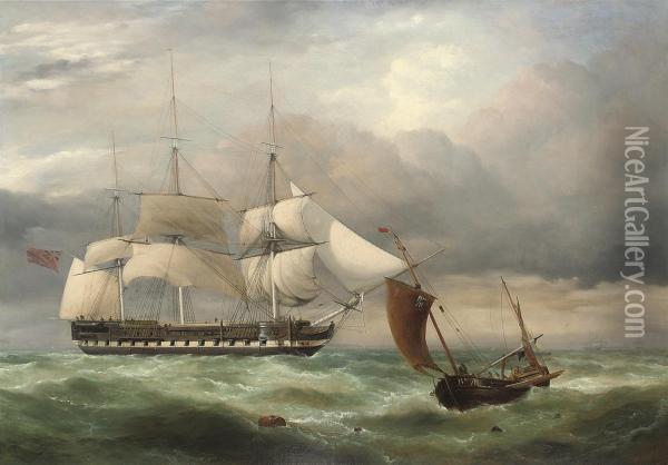 A Merchantman, Probably An East Indiaman, Hove-to In The Channel,with A Boulogne Lugger Passing By Oil Painting - George Philip Reinagle