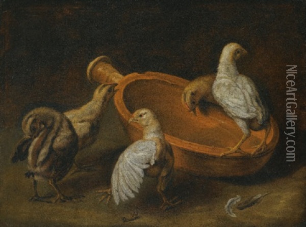 Five Chicks Assembled Around A Bowl Of Water Oil Painting - Giacomo (Jacobus) Victors