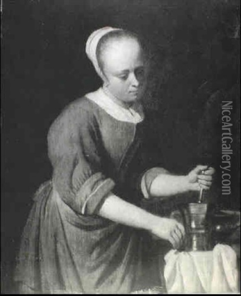 A Young Girl With A Pestle And Mortar Oil Painting - Gabriel Metsu