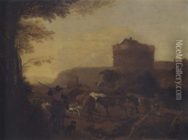 A Drover And His Animals In An Italianate Landscape Oil Painting - Willem de Heusch