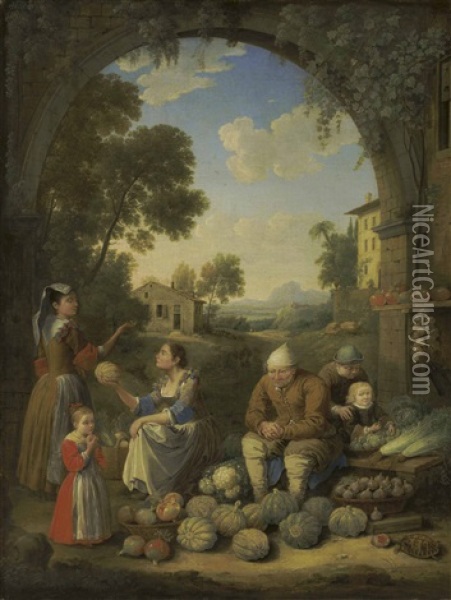 A Lady With Children Visiting A Village Vegetable Stand Oil Painting - Hendrick Frans van Lint