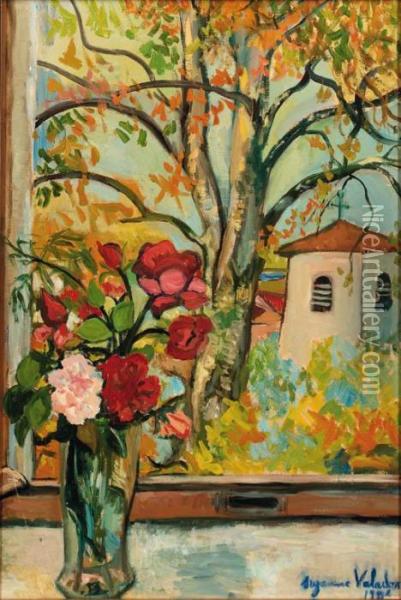 Bouquet De Fleurs Devant Une Fenetre A Saint-bernard Oil Painting - Suzanne Valadon