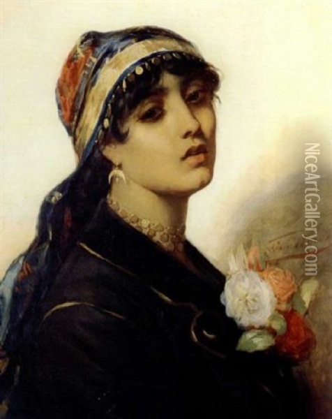 Girl With Flowers Oil Painting - Leon Hebro