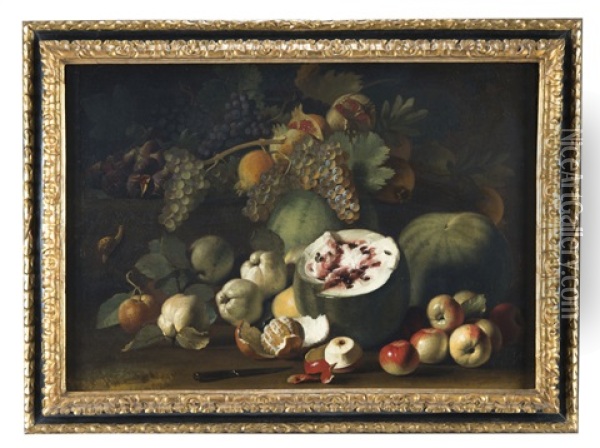 Natura Morta Con Melone, Uva, Melagrane, Arance E Mele Oil Painting - Marco Antonio Rizzi
