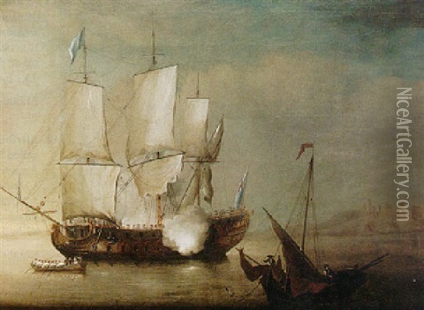 A British Man Of War Off The Coast Oil Painting - Adriaen Van Diest