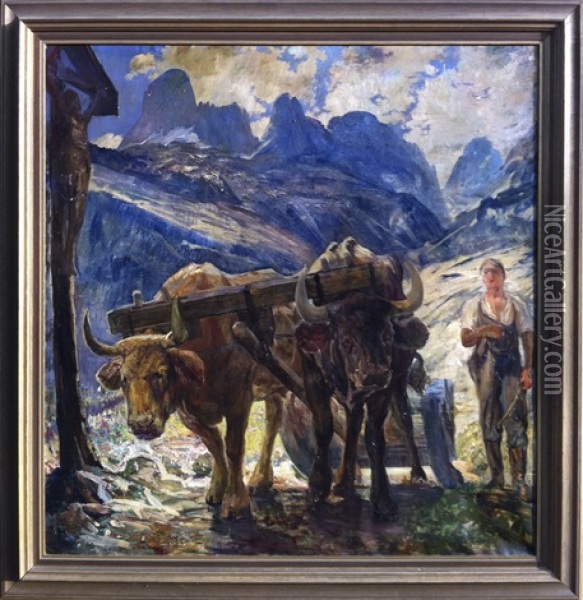 Bauer Mit Ochsengespann Am Wegkreuz Im Gebirge Oil Painting - Max Antlers