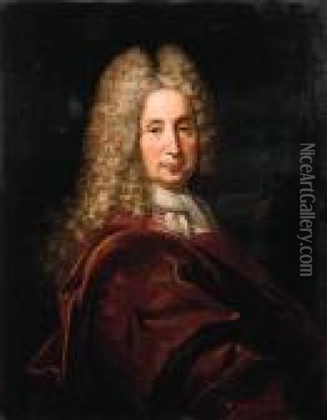 Portrait Of A Gentleman, Half-length, In A Pink Coat And Burgundywrap Oil Painting - Hyacinthe Rigaud