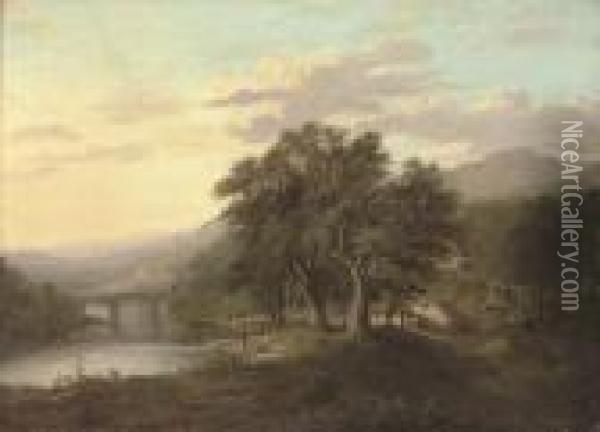 A Wooded River Landscape, With Figures Fishing By A Bridge, Cottages Beyond Oil Painting - Alexander Nasmyth