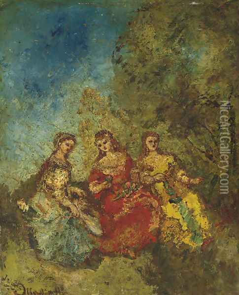 Les trois dames d'honneur Oil Painting - Adolphe Joseph Thomas Monticelli