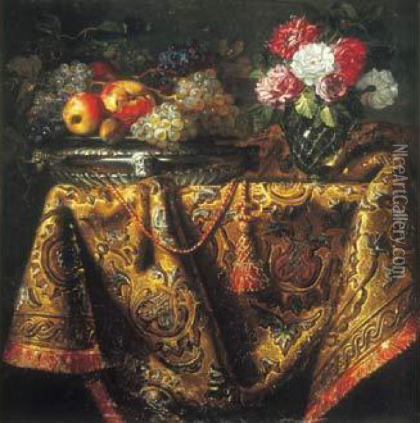 Nature Morte Au Vase De Fleurs, Coupe De Fruits Sur Un Entablement Recouvert D'un Tapis Oil Painting - Jacques Samuel Bernard
