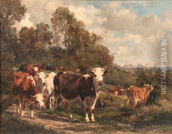 Cows At The Forest Edge Oil Painting - Marie Dieterle