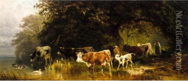Kuhe Von Einem Madchen Zum Wasser Getrieben (driving The Herd To Water) Oil Painting - Friedrich Johann Voltz