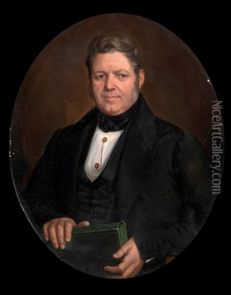 Portrait Of A Gentleman, In A Black Suit And Waistcoat Holding A Green Book Oil Painting - Henri Valton