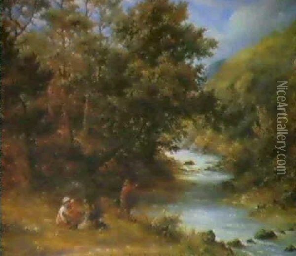 Boys Fishing, Somersetshire Oil Painting - James Thomas Linnell