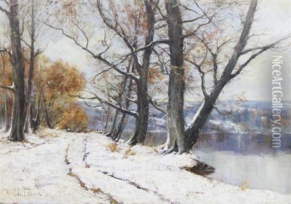 Winter Landscape With Lake Oil Painting - Olive Parker Black