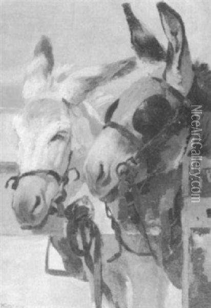 Zwei Angeschirrte Esel Am Gatter Oil Painting - Heinrich Kley