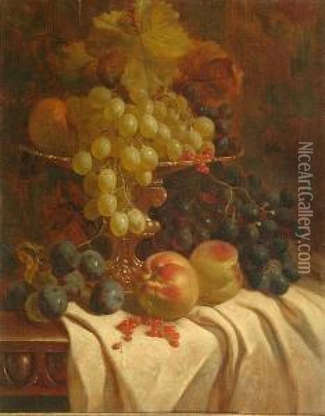 A Still Life Of Grapes In A Silver Comport, With Peaches On A Table Oil Painting - William Hughes
