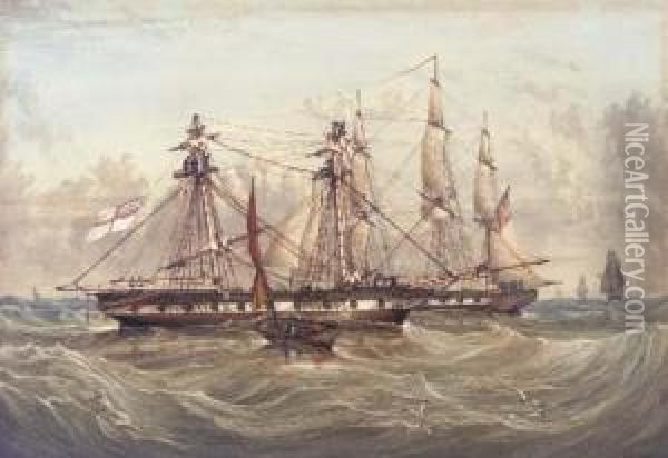 Hoisting The Sails On Two Frigates Oil Painting - John George Naish
