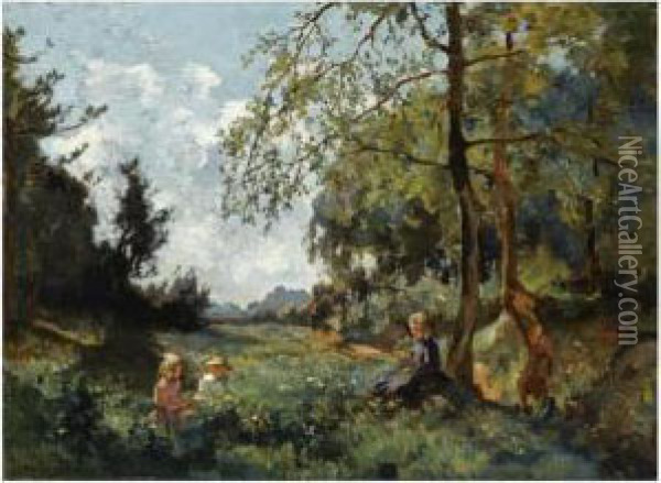Children Picking Flowers In A Field Oil Painting - Johannes Evert Akkeringa