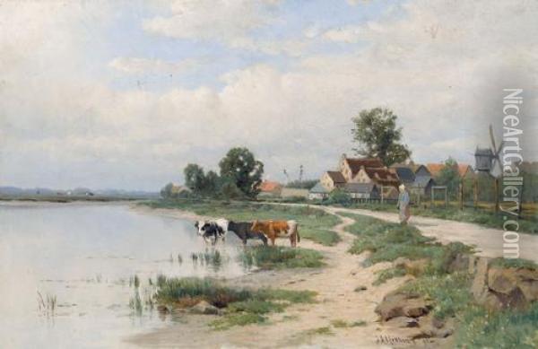 Uferpartie Mit Kuhen Und Windmuhle Oil Painting - Joseph Antonio Hekking