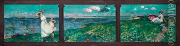 Summer Day By The Shore (triptych) Oil Painting - Maurice Molarsky