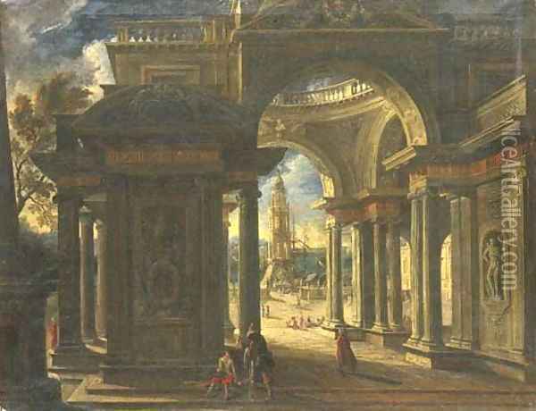 An architectural capriccio of the loggia of a Baroque palace, a port beyond Oil Painting - Viviano Codazzi