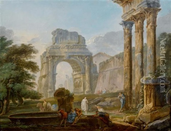 Mediterrane Ruinenlandschaft Mit Figuren Oil Painting - Hubert Robert