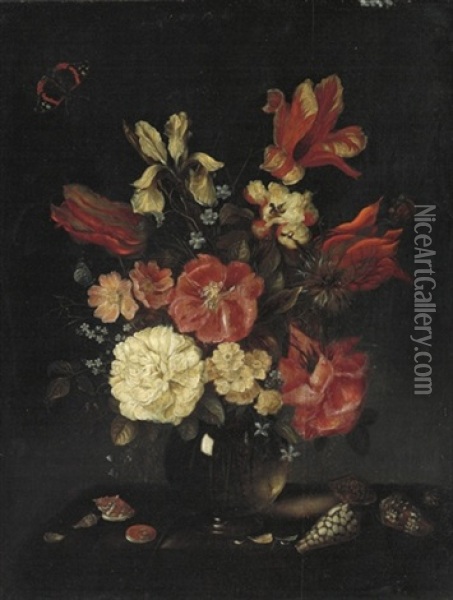 Roses, Tulips, An Iris, Forget-me-nots And Other Flowers In A Vase, With Shells On A Table And A Red Admiral Oil Painting - Pieter Adriaens van de Venne