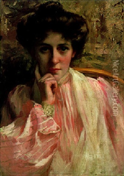 Portrait Of A Lady In A Pink Dress Oil Painting - Thomas Benjamin Kennington