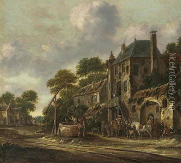 Travelers In A Village Landscape Oil Painting - Barend Gael