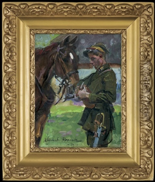 Ulan With A Horse Oil Painting - Woiciech (Aldabert) Ritter von Kossak