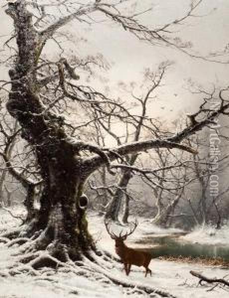 Stag In A Winter Landscape Oil Painting - Nils Hans Christiansen