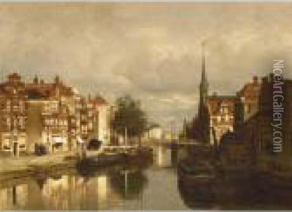 A Canal In Dordrecht Oil Painting - Johannes Christiaan Karel Klinkenberg