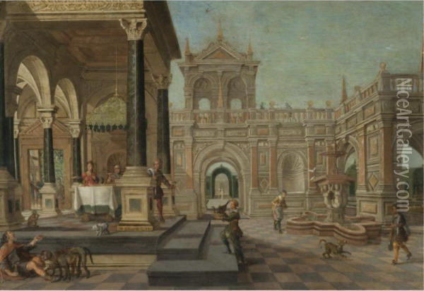 A Palatial Capriccio With Dives And Lazarus Oil Painting - Giselaer Nicolas De